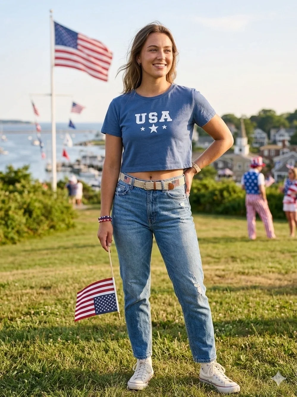 ROMWE Blue Crewneck Cropped Tee with USA on front, Size 6 Medium, Patriotic